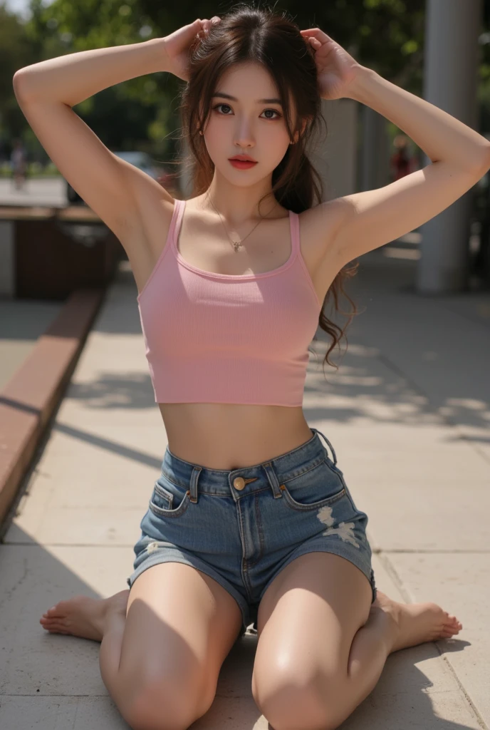 Best Quality, masutepiece, 超A high resolution, (Photorealistic:1.4), Raw photo, 4girl, K-pop idols, Long, ,Detailed eyes,(realisticeyes),delicated face,in realsK,detailed hairs,Detailed sK dein,Beautiful face,Smiling、4 people in a row、beauty legs、Beautiful feet、a miniskirt、hotpants、Tank tops、Beautiful makeup、Beautiful accessories、During dance lessons、TV appearance、
