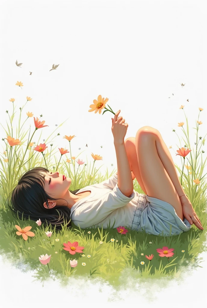 a beautiful woman, 27 yeras old, sunflower, (beautiful face:1.4), (best quality), (masterpiece:1.1),(white background, full body), (colorful:0.2),(ink splashing),(color splashing),((watercolor)),colorwater, sunflower