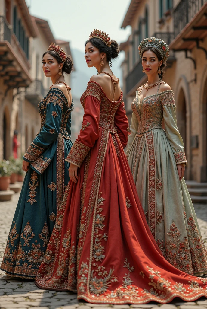 Two indian queens, one hindu (dressed in red )and one muslim (dressed in green), both dressed in their traditional attire of their own faith, both have one leg visible 