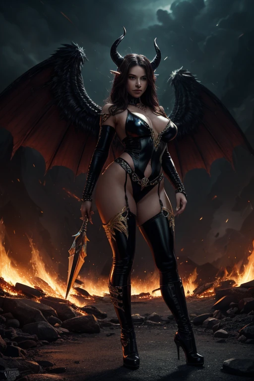 girl, demoness warrior, comprised of Antikythera mechanisms, dark, foreboding, dynamic action, dynamic motion, crouching, evil look, sexy, lowleg armour panties, claws, fangs, wings, busty, demon tail, demonic armor, facepaint, bodypaint, red glowing eyes, combat stance, vibrant appearance, creative behavior, imaginative, sensual, spontaneous, highest quality, skin texture, intricate details, (cinematic lighting), RAW photo, 8k, under moonlight, nightmarish, full moon, firestorm, debris