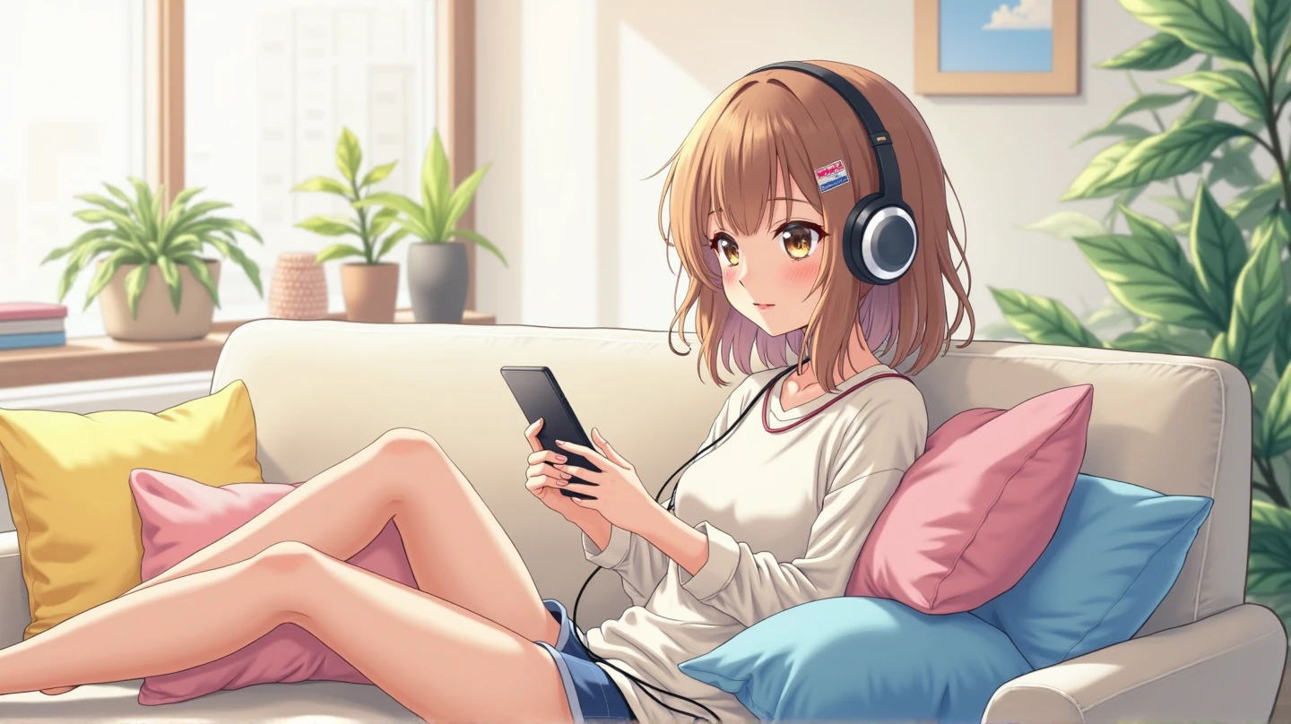Beautiful girl listening to music with headphones、Brown Hair、Eyes closed、Inside the room、Sitting on the bed　