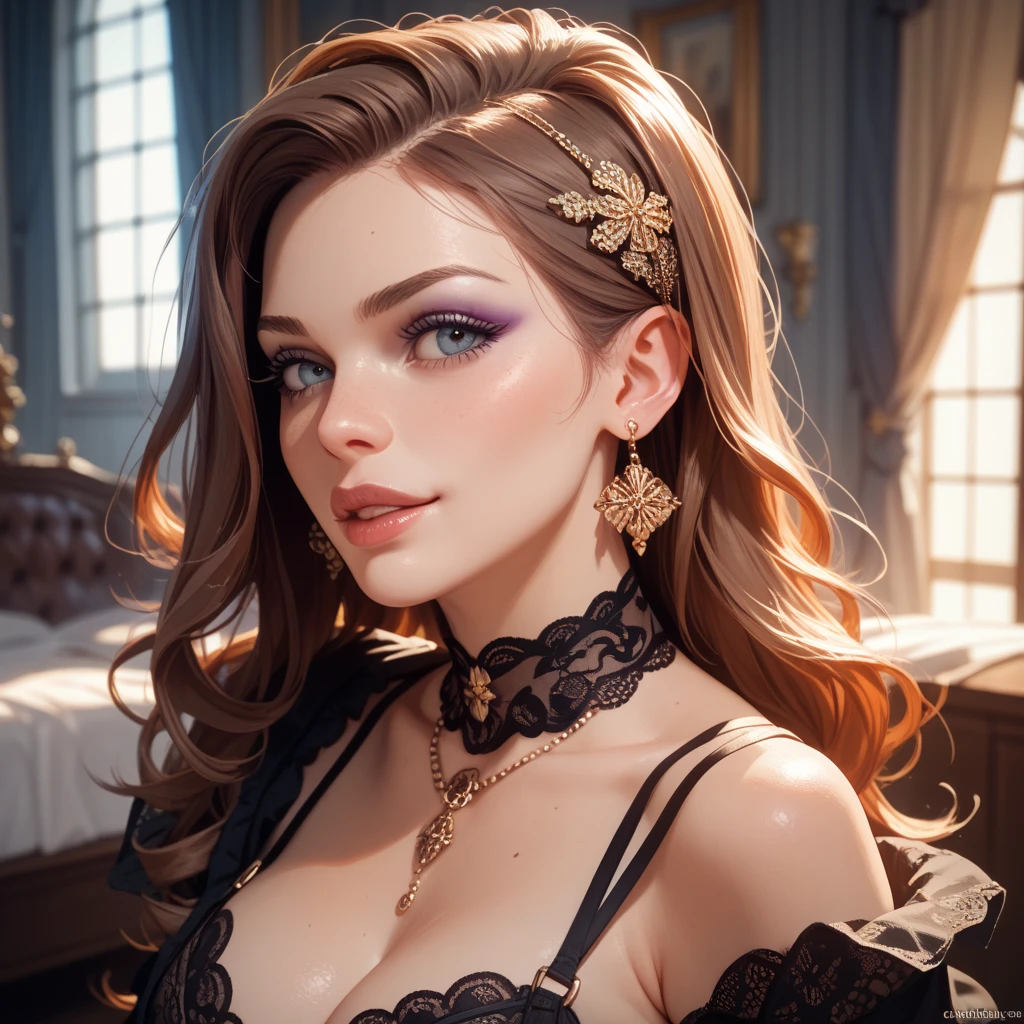 beautiful portrait of stunningly beautiful Margaery Tyrell as a medieval courtesan, corset, low-cut neckline, cleavage, large brests, jewelry, sharp focus on the eyes, fantasy concept art, , sultry look, seductive, inviting expression, detailed medieval bedroom in background, seductive pose、sultry look, seductive,