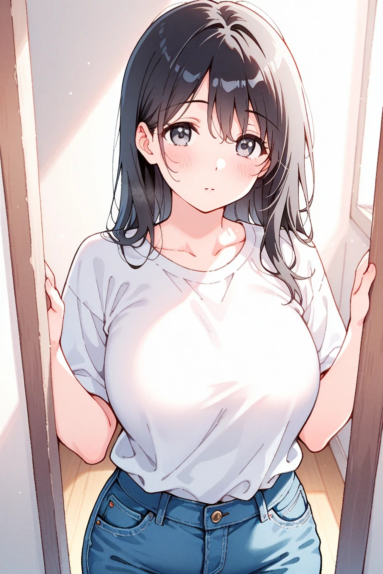 masterpiece,highest quality, Ultra-high resolution,(Beautiful woman:1.2), cute, cute face, (Upward-facing chest, Beautiful big boobs:1.3),(blush, Happy:1.2),(blush:1.5), Sticking out your tongue a little, Squint your eyes, (enjoy:1.2), (Black Hair:1), (short low ponytail:1.2), Medium Hair,Sexy mole around mouth,Wet lips, (erupt:1.4), (Squint your eyes:1.4) ,((Simple white T-shirt:1.3)),  ((see-through t-shirt)), Wearing cute panties, room, Girl's room, ((looking down:1.3)), Looking down angle, ((hugging own legs)), wonderful, Realistic Background,