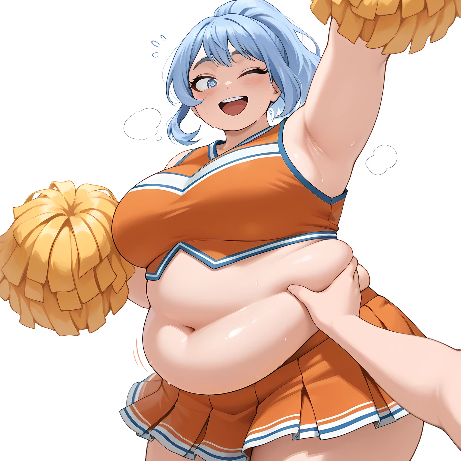 
nejir3, 1girl, cheerleader, pom pom (cheerleading), one eye closed, blue eyes, looking at viewer, blue hair, orange skirt, navel, smile, open mouth, midriff, orange shirt, white background, holding pom poms, arm up, ponytail, simple background, crop top, armpits, large breasts, thighs, sleeveless, alternate costume, ;d, miniskirt, masterpiece, best quality, amazing quality bulging belly, fat, chubby, obese, open mouth, out of breath, absurdres, highres icon, rating:General, confused, blush, {flustered}, nervous sweating, portrait, pov hands, hand on another's belly, averting eyes, [looking away], straight-on, from side, swollen face, masterpiece, best quality, ultra-detailed, high resolution, 8K, 