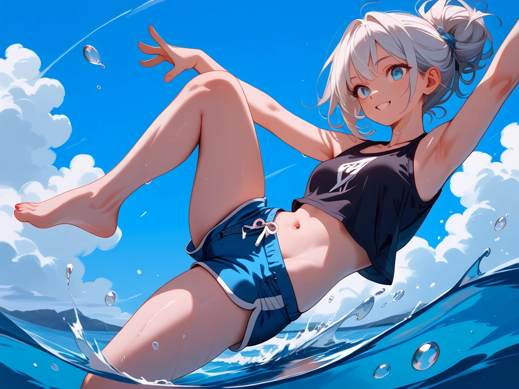 独奏,looking at viewer,white hair,topknot,White camisole swimsuit、smile、fun、rainbow, rainbow water slider, steep and long slope, sliding, sitting and sliding on the rainbow, floating hair, holding knee, playing slide,Sliding down the slide at tremendous speed, blue sky,motion blur, depth of field, line of effect,