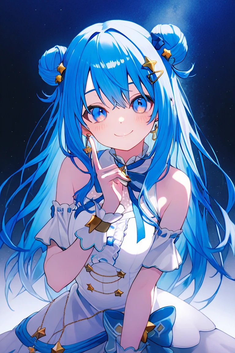 blue hair、beautiful blue uniform、beautiful limbs、slender girl、Looking Up at the Sky、high angle、condescending smile、eyes of darkness、Big Eyed Girl