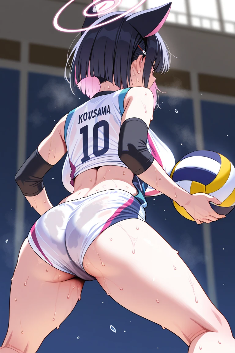 araffed asian woman in a volleyball uniform with a volleyball ball, wearing a volleyball jersey, Buckshot, Nishimiya Shoko, Rear view, fubuki, Wearing a leotard, seen From behind, Kazami Yuuka, looking From behind, Japan, 4k yen ], 4K], From behind, Hole in the Motto, lower angle, volleyball