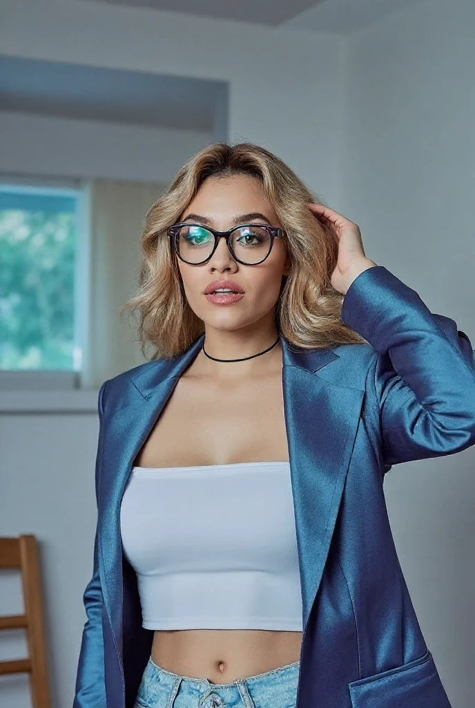 a science teacher, wears one with a polo shirt, dress pants, comfortable shoes, and a white coat. with a watch and glasses for laboratory activities, curvy. lascivious pose Totally plucked brunette woman with green eyes, eyes open and head held high. Confident pose, confident pose, beautiful young dark skinned black woman, black mixed race Brazilian, beautiful 30 year old Afro-Latina girl, beautiful African and Latina woman, a unique mix of indigenous, African and European ebony. The hair is extremely curly blonde, with well-defined and voluminous golden curls. The natural texture. Her hair is long, falling blond in voluminous waves around her shoulders and down her back. The hair has a lot of volume, creating a full and dense appearance. The hair is blonde. green eyes, expressive eyes, beautiful green eyes, hyper realistic eyes, detailed green eyes (eyeliner, long eyelashes). Perfect, thick eyebrows. the nose is small and proportional, the face is beautiful. Attractive and irresistible mouth, well-defined lips, full lips, voluminous lips, seductive lips. The face is oval, with high cheekbones and a well-defined chin, a beautiful and detailed face. Professional, dramatic makeup, a more impactful look with shadows that accentuate the captivating look, striking makeup, with eyeliner. Skin Tone: Dark skin, detailed skin texture, beautiful and shiny skin, intricate details. The woman has a well-defined and athletic body. Her silhouette is shapely, highlighting her slim waist in contrast to her full hips and bust. She has a prominent bust, huge breasts, large firm breasts, silicone breasts, voluminous breasts, large breast implants, busty, fake breasts, gigantic breasts. Thin waist. wide hips, beautiful ass, sloping butt, big hips, plump thighs, wide buttocks, visible curves, pronounced hourglass-shaped body. Long, thick legs. 50mm lens, f/2.8, HDR, (8K) RAW photo, high quality resolution, UHD, DSLR, 2K, 4K, 8K, 16K