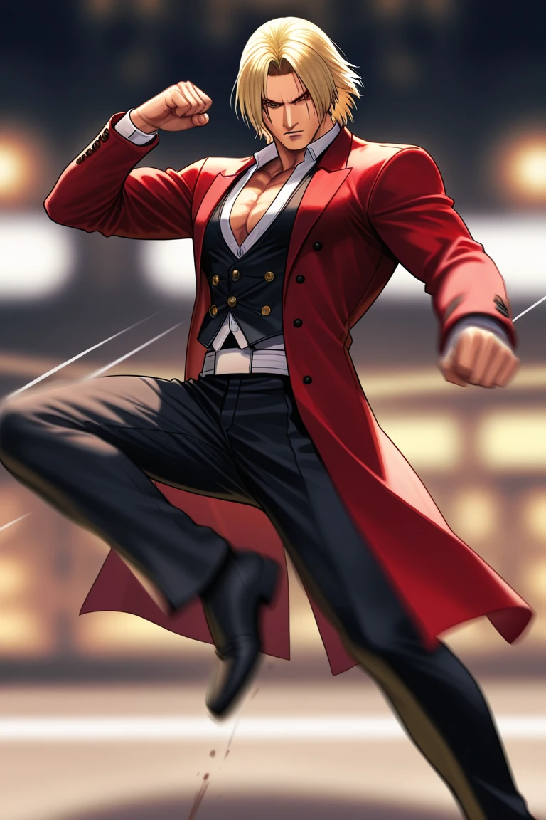 King of Fighters boss, Rugal ・Bernstein, draw an arc with one foot and kick up at high speed, Juno Side Cutter((motion blur:1.peedline、White action line、blurred background))
