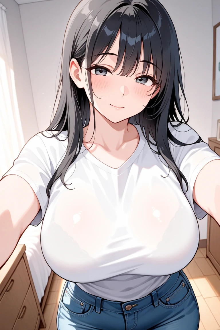masterpiece、Highest quality、Best image quality、High resolution、Big Breasts、Black Hair、Long Hair、Yellow Eyearried Woman、30th Generation、woman、room、NSWF、Nipples、Smiling、How