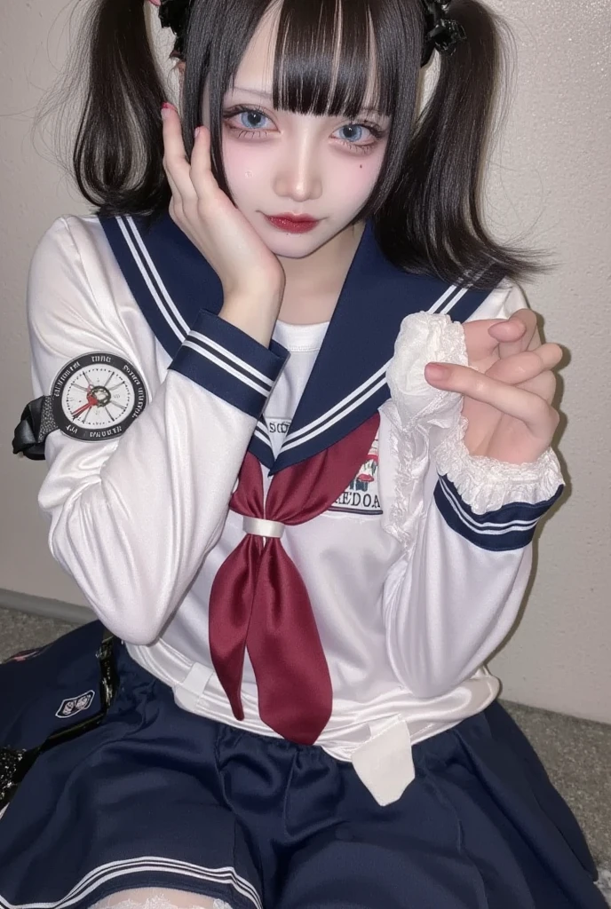 anime girl with black hair and blue eyes sitting on a chair, yandere. tall, anime moe artstyle, gapmoe yandere, beautiful anime high school girl, with index finger, yandere, akane owari danganronpa, marin kitagawa fanart, attractive matoi ryuko, high quality anime artstyle, kuvshinov ilya