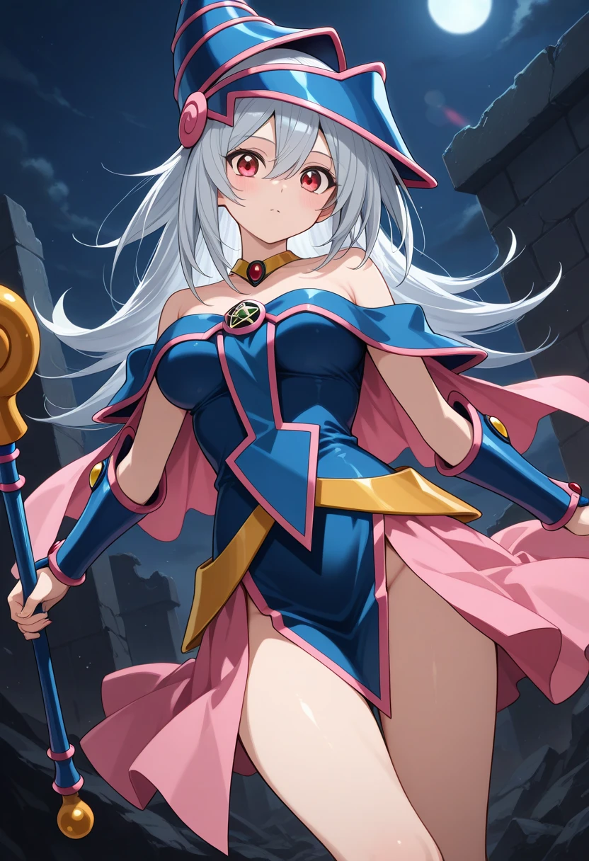 1girl, solo, A dark magician girl floating cutely, magical aura, fantasy background, glowing rune, ( a Yu-Gi-Oh card underneath her), giving a vibe that she was summoned,epic composition, (complex details), (complex design, ultra-details :1.2), Art Station, (Masterpiece, Best Quality), Ultra HD, 32k ,octane render, bioluminescent,8K resolution concept art, realism,by Mappa studios,masterpiece,best quality,official art,illustration,ligne claire,(cool_color),perfect composition,absurdres, fantasy, diagram, red eyes, white hair 