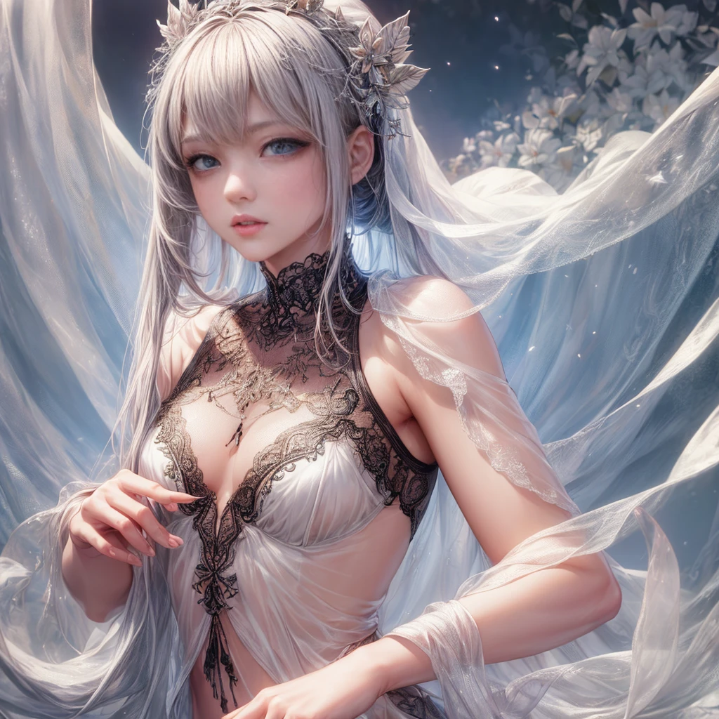 Woman in transparent dress,Viewer,(((Full breasts, Keeley University))),Slim waist,(Navel exposed,Bare waist), Long hair, extreme detailed details, Detailed fantasy art, Stunning character art, Beautiful and exquisite character art, Beautiful transparent dress, Very detailed, Girl wearing flowing Hanfu, Exquisite headpieces and jewellery,Crystal jewelry filigree, galaxy, Stunning visuals, (Dynamic Stripes, light rail:1.2), Vibrant colors,Long hair动漫女孩和狐狸, 美丽的白金色Angel女士, 白毛Angel, Beautiful character painting, Beautiful anime portrait, Angel翅膀的女孩, a beautiful Angel woman, Mystical artwork, Guweiz, by Ren Renfa, Angel, Large Breasts,Full breasts,Golden ratio figure,Perfect body,Ultra wide-angle shooting,Full body shot,Body close-up,Full body shot,Wearing a pleated tulle skirt,Soft anime illustration, Soft dark background,Fujifilm XT3 Clear focus, f 5.6, High Detail, Clear focus, Dramatic, (Wearing openwork clothing), (Looking at the audience:1.8), (Natural light), (Tempting)translucent, Good velvet quality, Compared, Divine Light,, Silver gray hair, Sky background, Absolute Strength,女性Angel,Girl in sexy silk,,Large Breasts,Full breasts,Golden ratio figure,Perfect body,Ultra wide-angle shooting,Full body shot,Body close-up,Full body shot, Wearing a tulle dress, Model shooting style, Large Breasts,Full breasts,Golden ratio figure,Perfect body,(Extremely detailed CG 8k wallpaper unit), The most beautiful artistic photos in the world, , 8K Ultra HD, ) On the big white bed,Lazy gesture,Charming and seductive expression,best quality,masterpiece,Ultra-high resolution,(Practical:1.4),original photo,Ultra-high resolution,White skin,Exquisite makeup,Long legs,Bright beautiful eyes,用深色眼影打造Exquisite makeup,
