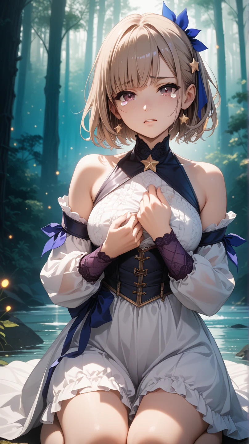 masterpiece, best quality, JingliuV5, 1girl, solo, gloves, gloves, dress, bare shoulders, closed mouth, boots, sky, black gloves, black footwear, blindfold, night sky, full moon, elbow gloves, armpits, arms up, ((chain, bound, restrained:1.3)), sitting, wariza, night, starry sky, sky, cowboy shot, view from below, far shot