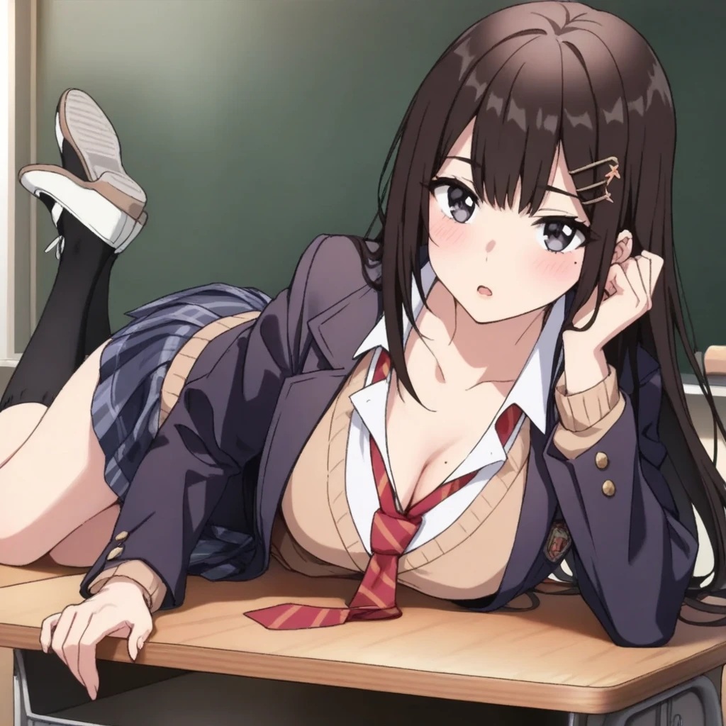((((masutepiece, Highest Quality, Best Quality, 1girl in, Solo, Beautiful anime、Detailed picture))))、18year old、A slender、slightly larger breasts、skinny thigh、((dark brown hair、Straight、Longhaire、Brown-eyed、rounded eyes、Clear department、、)),((Schools、Classroom))、((Dark blue blazer、Dark blue skirt、School uniform、bow ribbon、lowfers)))、astonished face、astonished face、NSFW、(((、Fluid overflowing from the female genitalia、Fluid overflowing from the female genitalia、dildo、open one's legs、insertion、masturbate、)))、(Sit on a wooden chair、shot from front)、Photo from the knee up、
