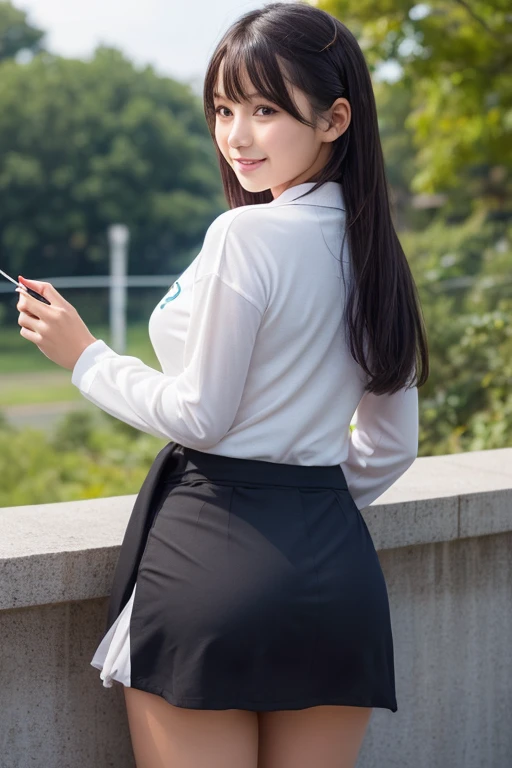 (masterpiece, best quality, high resolution:1.2), (photorealistic:1.2), (intricate and beautiful:1.2), (detailed light:1.2), (soft lighting), (colorful, dynamic angle), upper body shot, fashion photography, 1girl, beautiful young girl, perfect face, long hair, perfect body, confident and alluring pose, exuding sensuality and charm, ultra detailed, photo realistic, hyper realism, realistic, standing, flowers surrounding background, (((wearing acmmsayarma outfit, acmmsayarma white top with buttons, long sleeves, ((acmmsayarma green long skirt))), (rear angle view:1.25), (from below), looking at the viewer