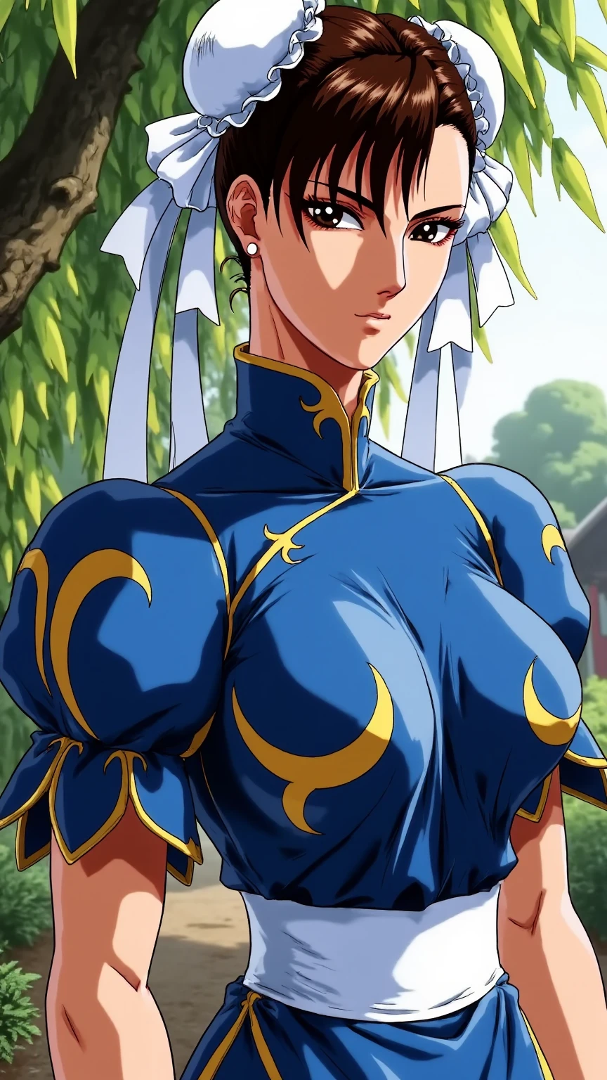 android18, 1girl, solo, long_hair, breasts, looking_at_viewer, smile, blue_eyes, blonde_hair, large_breasts, simple_background, outdoor, medium_breasts, standing, thighs, cowboy_shot, armor, grin, leotard, hand_on_hip, shoulder_armor, wristband, clenched_hand, black_leotard, smirk, bracer, shoulder_pads, super_saiyan, saiyan_armor,