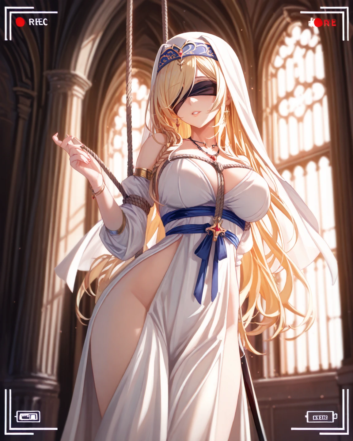 bladenun hairstyle, outfit-bladenun, 1girl, blindfold, breasts, long hair, solo, large breasts, blonde hair, arms up, sitting, very long hair <lora:outfit-sword_maiden-pynoise:1>