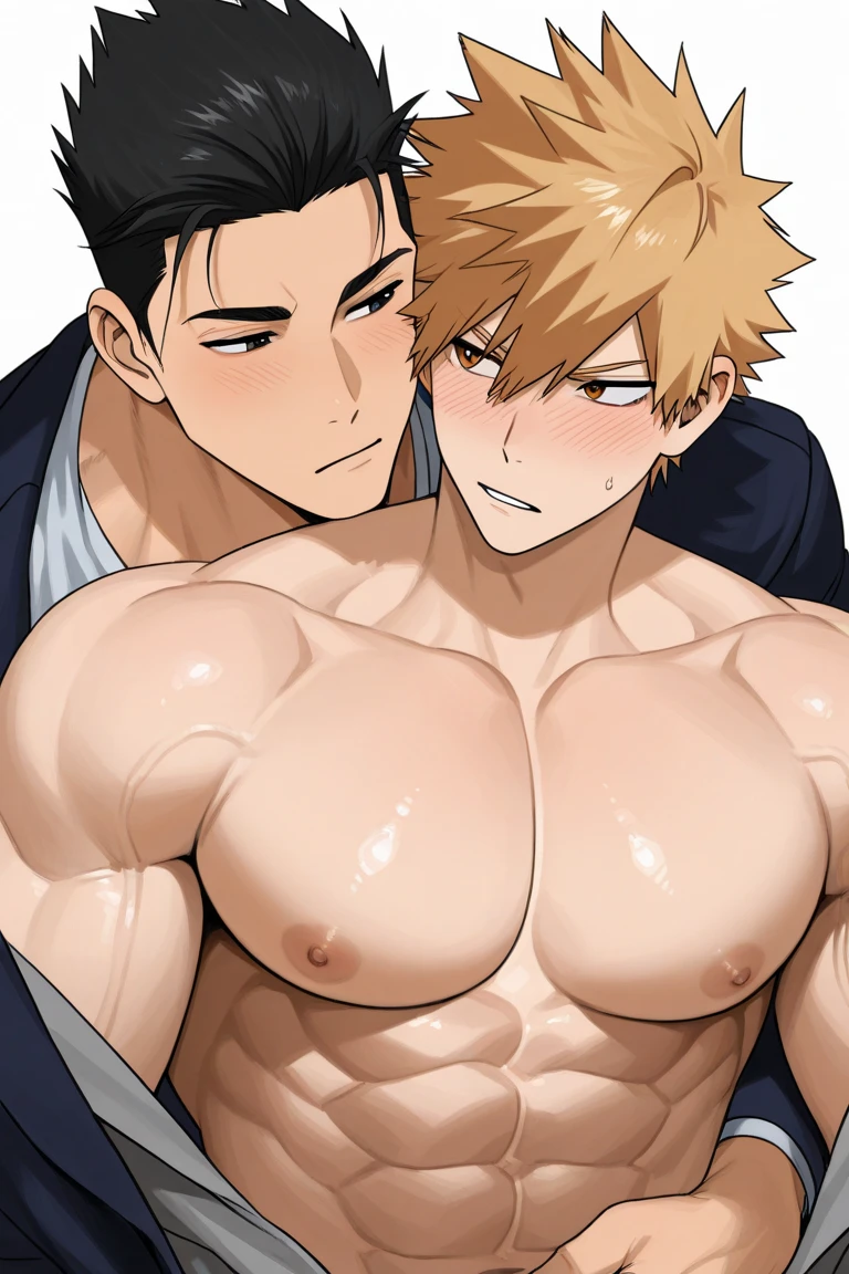 masterpiece, top quality, body size comparison of two teenage boys without clothes, big muscular boy and skinny boy, two boys. The big boy's pectoral muscles are bigger and heavier than the skinny boy's, so the big boy uses his enormous weight to push the skinny boy against the wall. big boy putting his weight on skinny boy, big boy crushing skinny boy with his pectoral muscles, skinny boy being crushed by huge pectoral muscles, muscular male, pectoral muscles, big nipples, cute, male, abs, grin, NSFW, sexually suggestive, anime muscles, bulging, pectoral muscles, bangs, yaoi, sweating, blushing, {{detailed face}}, {{high quality}}, {{detailed eyes}}, gay couple, shirtless,