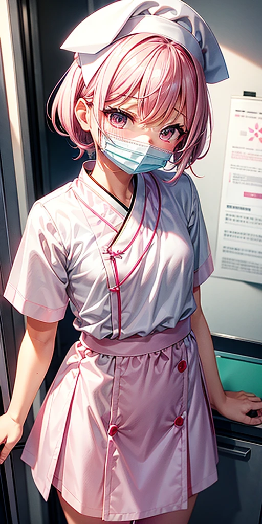 1boy, solo, male focus, nurse, white nurse cap, white nurse uniform, ((white legwear, zettai ryouiki)), white gloves, blunt bangs, pink hair, green eyes, drooping eyes, ((white surgical mask, covered nose)), standing, ((hospital room)), sharp outline, short sleeves, shota, 12 years old, best quality, masterpiece