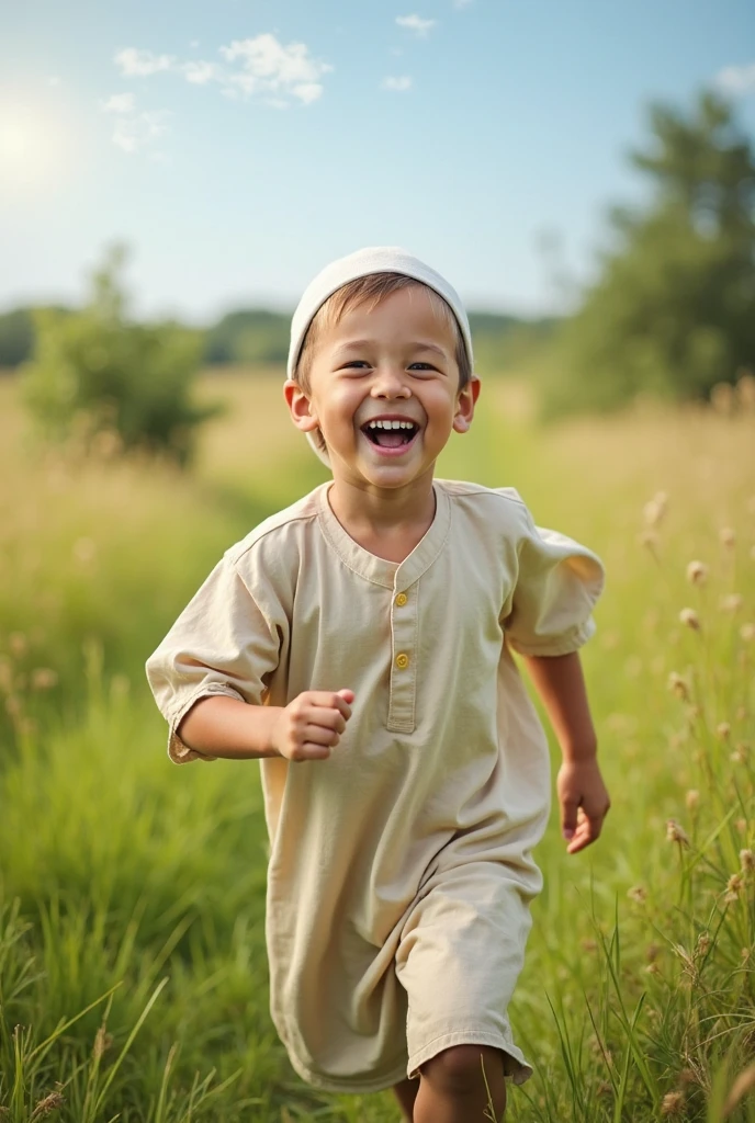 A close-up of the boy with a mischievous grin on his face. The background shows his thought bubble with an exaggerated image of a fierce wolf chasing sheep. His eyes are wide with excitement as he gets the idea to cry wolf.
The Shepherd Boy is 10-. A young boy with tousled brown hair, bright eyes, and a youthful face. He wears simple, rugged clothes typical of a shepherd—loose tunic, shorts or trousers, and sandals. He carries a shepherd's staff, which he leans on when watching over the sheep.