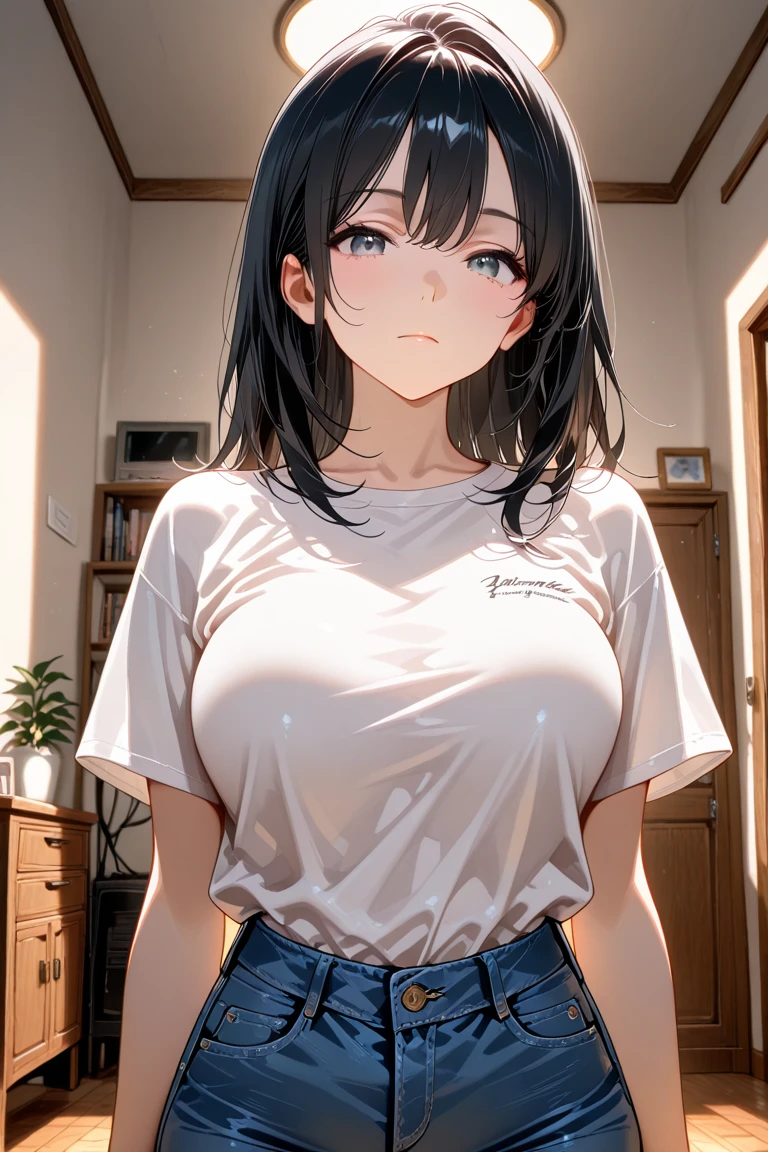 masterpiece、top-quality、hight resolution、profetional lighting、anime styled、Details of the face and clothes、Single-color background 、1womanl、Upper body shot from the front、Beautiful busty schoolgirl standing facing the front、Mature face and body、Turn your face and look straight ahead、(Wearing gym clothes、shortsleeves、White gymnastics shirt with round neck、Sexy black racing shorts with low waist and high cut)、(cabelos preto e longos、straight haired :1.1)