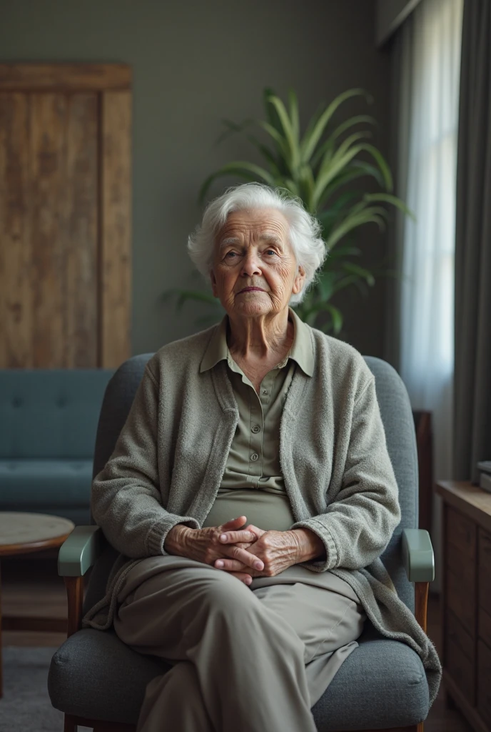 elderly woman in her 80s, very obese, sitting in a gaming chair, in a gaming room, glasses, horizontal cell phone in her hand, realistic, looking directly at the camera, hd, 8k