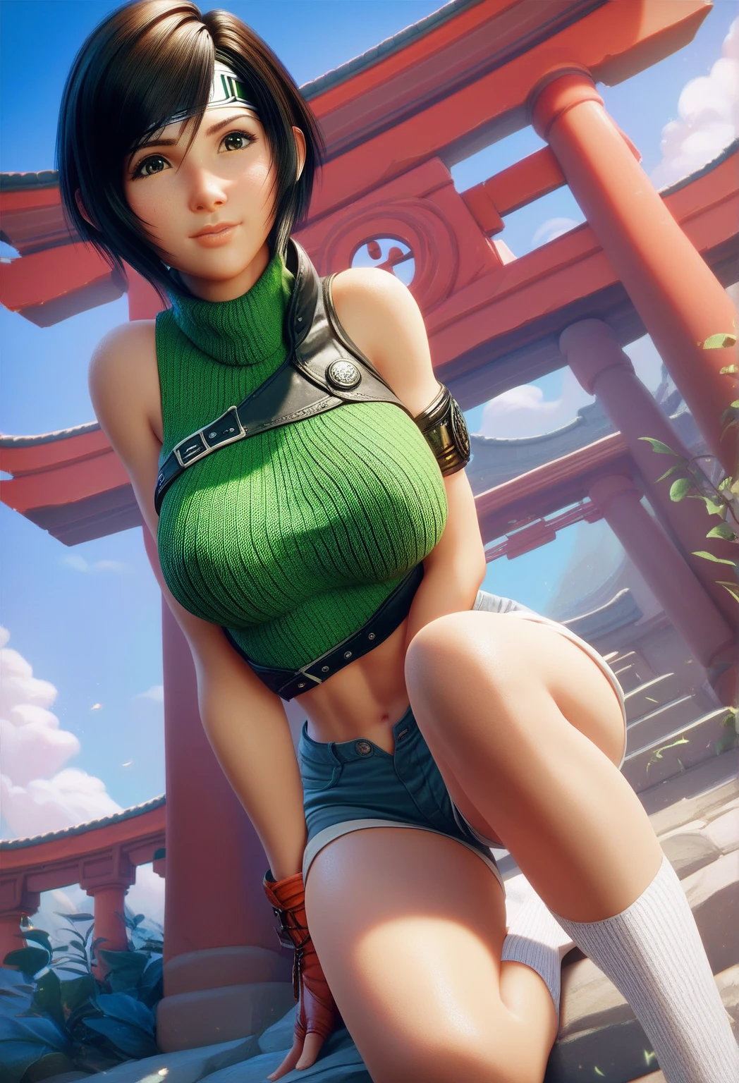 Big breasts ((1 sexy yakuza mafia girl)) stylish black hair with blunt bangs)) ((double hair buns)) ((Green eyes, perfect eyes)), extremely sexy body, ((wears a wet white sweatshirt open on her large breasts)), skirt made of tailored fabrics, light and soft fabric)) her large breasts take shape in the wet blouse, ((leg holster)) sadistic and frightening expression, ((masterpiece, ultra detailed, superior quality )), ((realistic)) she is sitting in a cannabis growing laboratory, a lots of cannabis plants in background, legs crossed, look of superiority, body defined and a little toned, ((((she has a tattoo that starts on her thighs and goes to her navel))) ) (((she is a yakuza boss)))