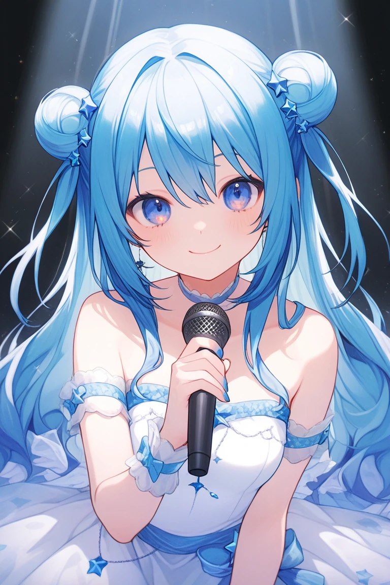 illustratio、Cinematic Light、hight resolution、best qualtiy、ultra-detailliert、A detailed face、top-quality、ultra-detailliert、masterpiece、(详细的脸)、Clean face、The best smile、Idol in white and red goth-rowley costume、Light blue long hair、Twin-tailed、Ultra-detailed embroidery、cloths、a choker、high-heels、blue eyess、Neon small shiny hair ends、D-cups、cleavage of the breast、(AI Fantasy Concert)、Shining lighting with neon details、Idol、Hold the microphone with your left hand and sing、(Packed audience in the background)、 light reflections、Heart-shaped iris、playful eyes、Open shoulders、(a wet body)、Small glowing butterfly、Hair Jewelry、pantiy、Lace panties