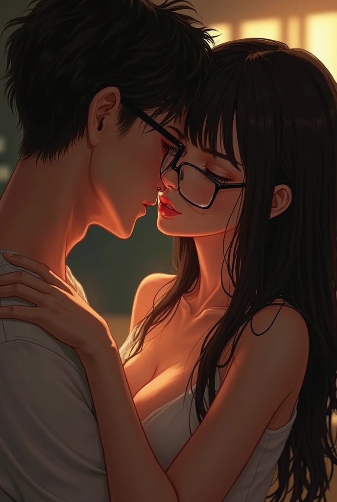 Licking a man's nipples A girl with brown hair and glasses in a ponytail. I don't need a man's face.