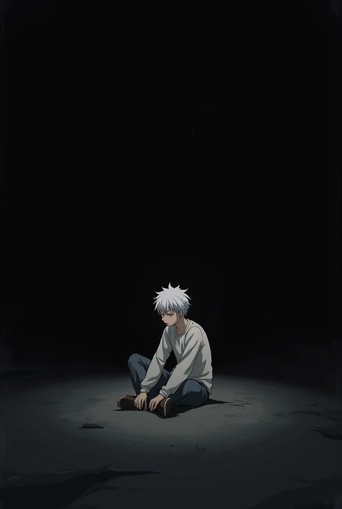 A black background with an anime boy sitting and sad in white