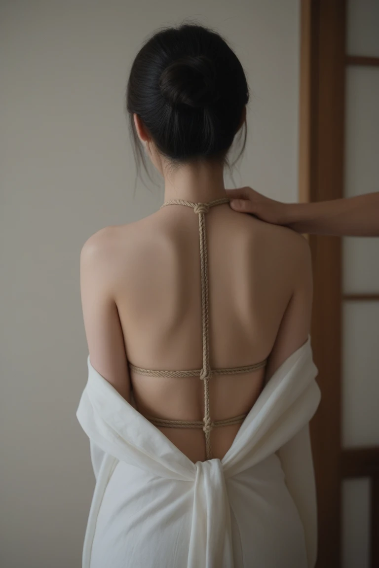 highest quality, figure, Super detailed, In detail, High resolution, 8k wallpaper, Perfect dynamic composition,、A woman who was and held captive、Tied up with rope and standing in a room、(((Both hands are tied behind the back with a rope)))、In underwear、White bra、White panties、Uniform eyes、Medium build、Well-proportioned、Small face、Small breasts、Back view、Show your whole body、The audience watches from directly behind、
