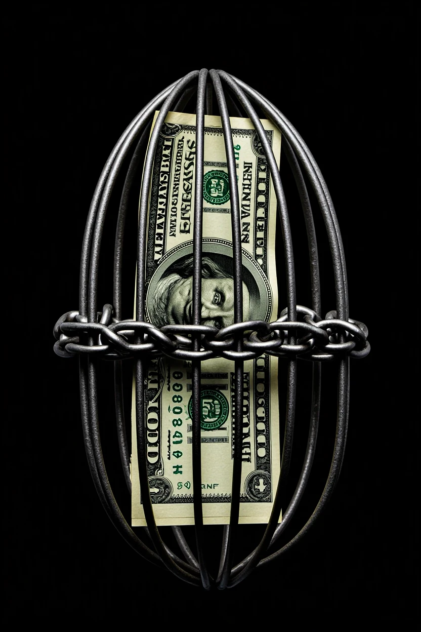 Create an image of a new money note with arms and legs and small, sad eyes.this money note inside a jail behind the bars of a penitentiary.