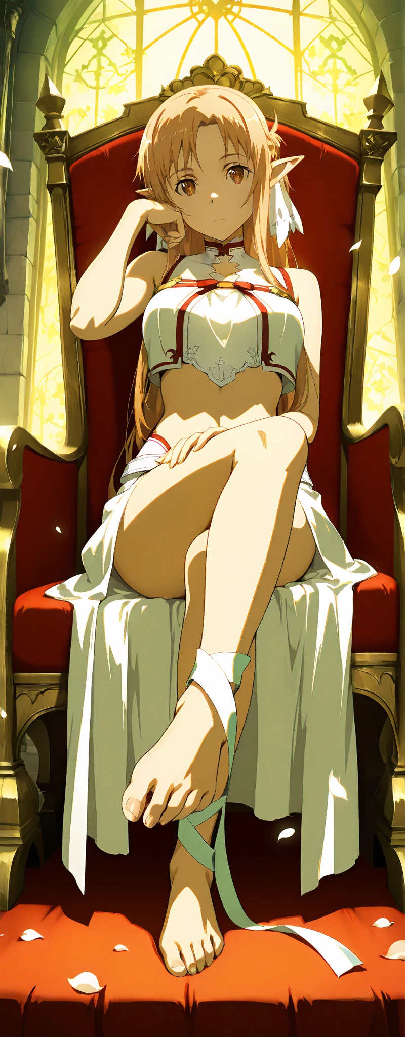 high-level image quality、Drawing of a woman in a white shirt and white pants, sultry digital painting, blurry and dreamy illustration, style digital painting, Fully clothed. painting of sexy, Inspired by Ramón Casas y Calvo, #1 digital painting of all time, # 1 digital painting of all time, digital art of an elegant、Beauty sitting on the throne、Beauty with crossed legs、long brown hair、Beautiful woman sitting with hands on cheeks