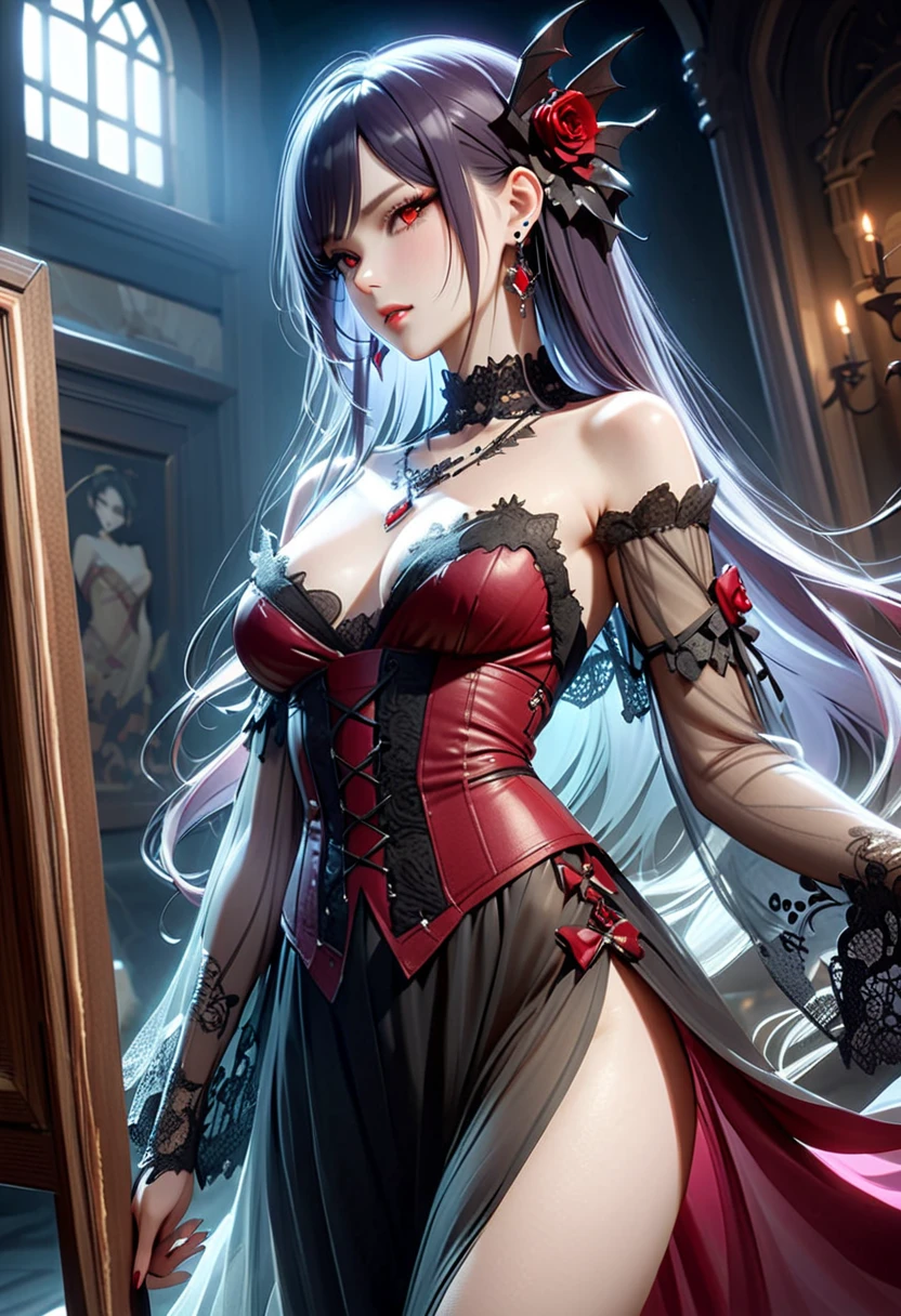 anime styling, natta, aleathory mature adult woman, Countess, she has an evil appearance, red lips, tooth like vampires, long redhead hair, Eyes red, red see-through gown, busty, Colonial furniture, large colonial hall with stairs, window and moon