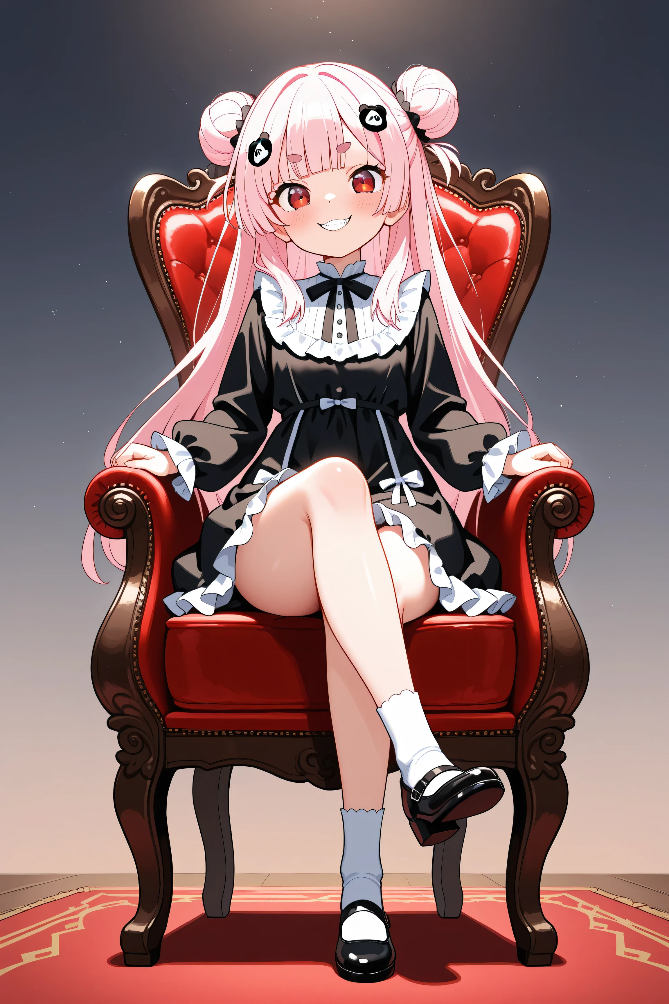 masterpiece, best quality, high resolution,4K, highly detailed, ultra detailed, ((detailed beautiful eyes)), full body, Alone, 1 girl, light pink hair, small double bun hair, half twin hair, long hair, hime cut, thin oval eyebrows, Red Eyes, (( bangs Panda face hairpin one side only)), King chair, Black Frilled dress, Cross legs, leaning, extreme low angle, Fearless smile