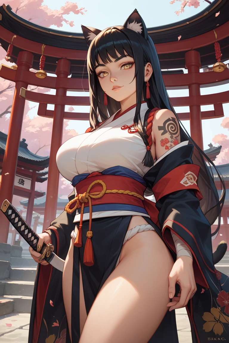 (To NSFW:1.5),top-quality、Top image quality、in 8K,4K,masterpiece、(NSFW:1.1)、ultra-detailliert、Beautiful、ultra-quality、-so、Cool、((Undersized breasts:1.4、Narrow cleavage, under booblad:1.4), Full of scratches:1.1), Blood everywhere, (Blood on clothes:1.1), blood pool, (Covered with blood:1.3))、girl with(((18year old、A bloodstained white cloth is wrapped around his chest.....:1.5、Defeat a samurai zombie with a Japanese sword:1.5、White loincloth with blood on the waist:1.5、poneyTail:1.5、dark brown hair:1.3、Torn Hakama:1.2、Disturbed armor:1.2、Putting out fangs:1.5、I have a Japanese sword in my right hand:1.5、He holds a Japanese sword sheath in his left hand.....:1.5、Hold the Japanese sword vertically with your right hand.....:1.5、Red Eyes、erotick:1.4、Happiness、The tattoo)))、hiquality、visualart、Background with((neons, the night:1.3、a temple background:1.3、Horde of samurai zombies:1.3))、masutepiece,(vagina appreciation model:1.8),