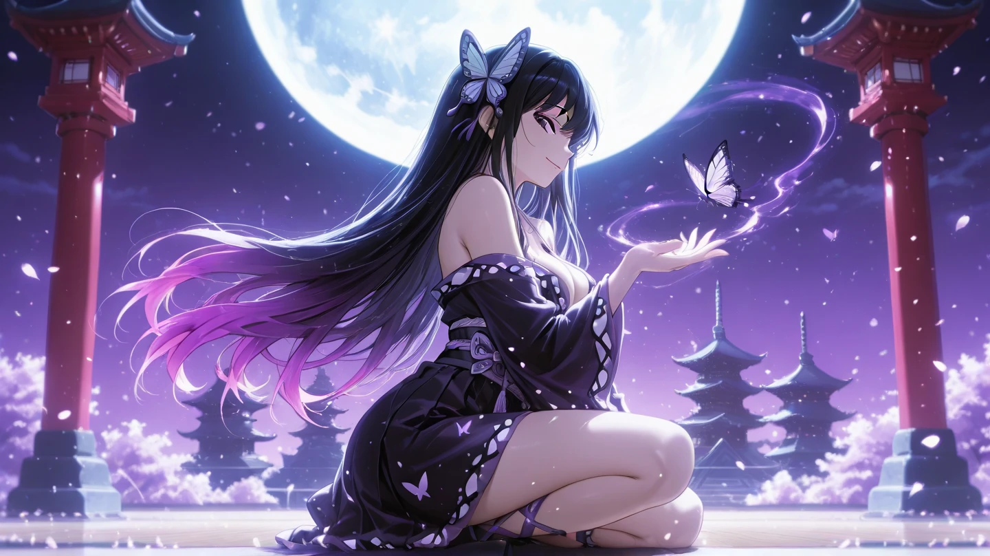 (Smile:0.8),butterfly,Bamboo forest,1girl, transformation, 1girl, transform_broken, shining, (black hair,panorame,moonlight,night,full moon, arms behind back),transform_broken,pink hair,kimono,1girl,transformation,1girl,transform_broken,shining,transform_broken,very long hair,