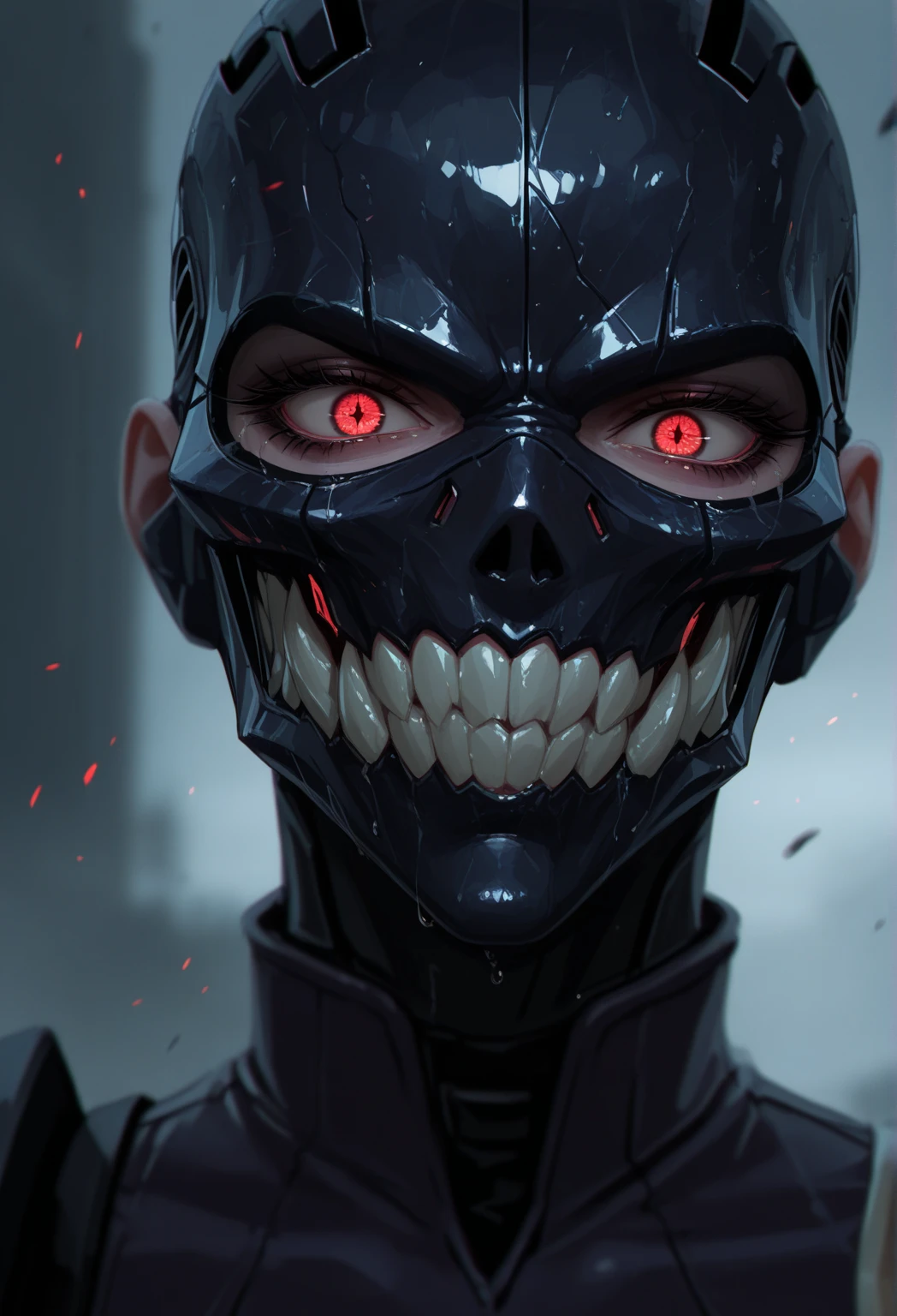 (score_9, score_8_up), score_7_up, zPDXL, solo, looking at viewer, simple background, red eyes, 1boy, white background, upper body, male focus, teeth, eyelashes, mask, sharp teeth, portrait, close-up, science fiction, high collar, mouth mask, very short hair, cyborg, hair slicked back, cyberpunk
<lora:BioPunky:0.9>
