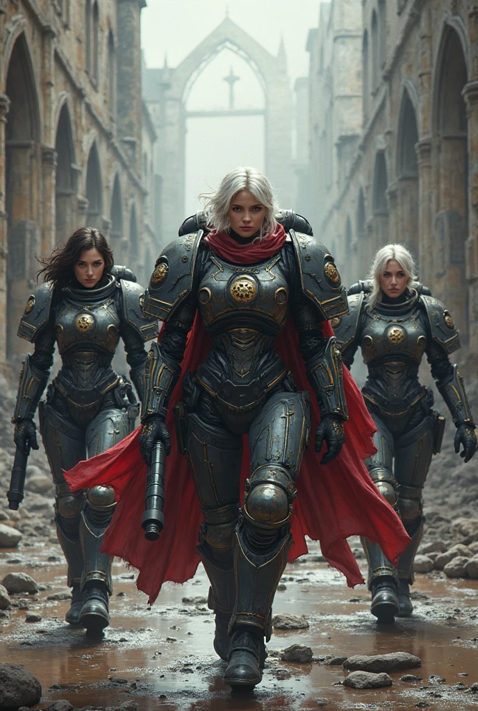 Full body pose sexy sisters of battle from the warhammer 40k, shooting at the enemy, space marine armor with intricate details, space marine armor with intricate details, symbols on the armor, sisters of battle, warhammer 40k, Massive exposed silicone breast, pale skin, seductive, temptation, eat your soul, clevage, long white flowing hair, long black flowing hair with purple highlights, heavy gothic makeup, at night, neon, beautiful detailed eyes, beautiful detailed lips, extremely detailed eyes and face, long eyelashes, highly detailed armor, intricate futuristic weaponry, dramatic lighting, cinematic composition, muted color palette, gritty and realistic, mecha, science fiction, hyper-detailed, photorealistic, award winning digital art, 8k, HDR, masters work, in the middle of a battle field, full body combat action pose, explosions and fire around, full war, stunning, Stilleto heels, high heels, full body pose, cinematic, movie trailer, final stand!, nemesis, ready to strike, dust and debree, combat screams, attacking, shooting at the enemy, running forward, last line of defense, charging, fanatic, religious, templar knights, sisters of battle, warhammer 40k, shooting at the enemy, bimbo gigantic exposed breast, jetpacks, space marine, stilleto heels, cinematic light, cameltoe pussy, beautiful pussy, wet pussy, wet body, oiled body, gigantic breast, dynamic super sexy combat action pose, sisters of battle from the warhammer 40K