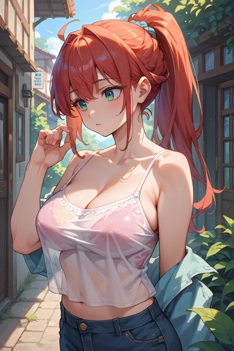((((ultra illustrated style:1.0)))),best quality,best animated,masterpiece,ray tracing, global illumination,front hook, open bra,1girl, solo, standing, looking at viewer, upper body,outdoors,white bra <lora:front hook:0.7>