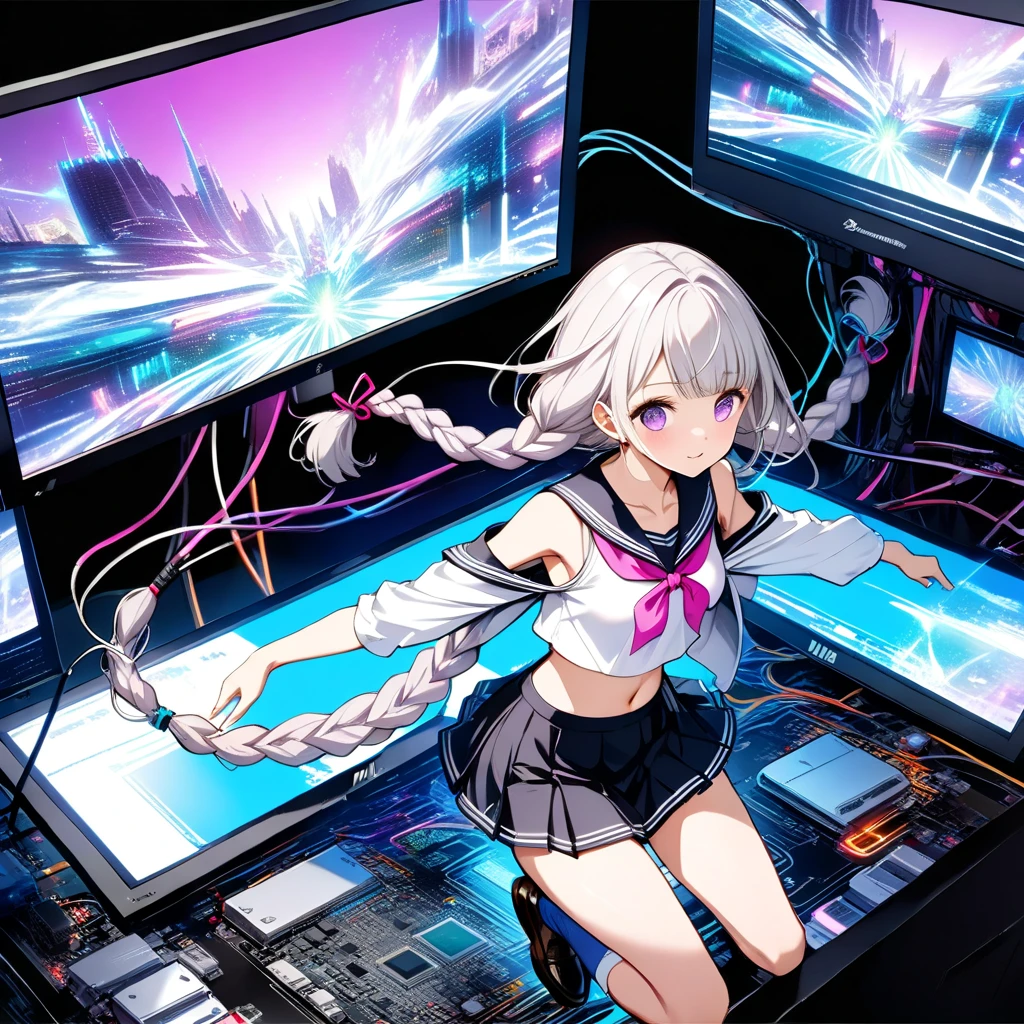 (best quality, 4k, ultra-detailed, realistic), cartoon style, cyberpunk, thick hair, digital punk, anime style, computer room, network on computer screens, curvy, blonde hair, huge breasts,nude