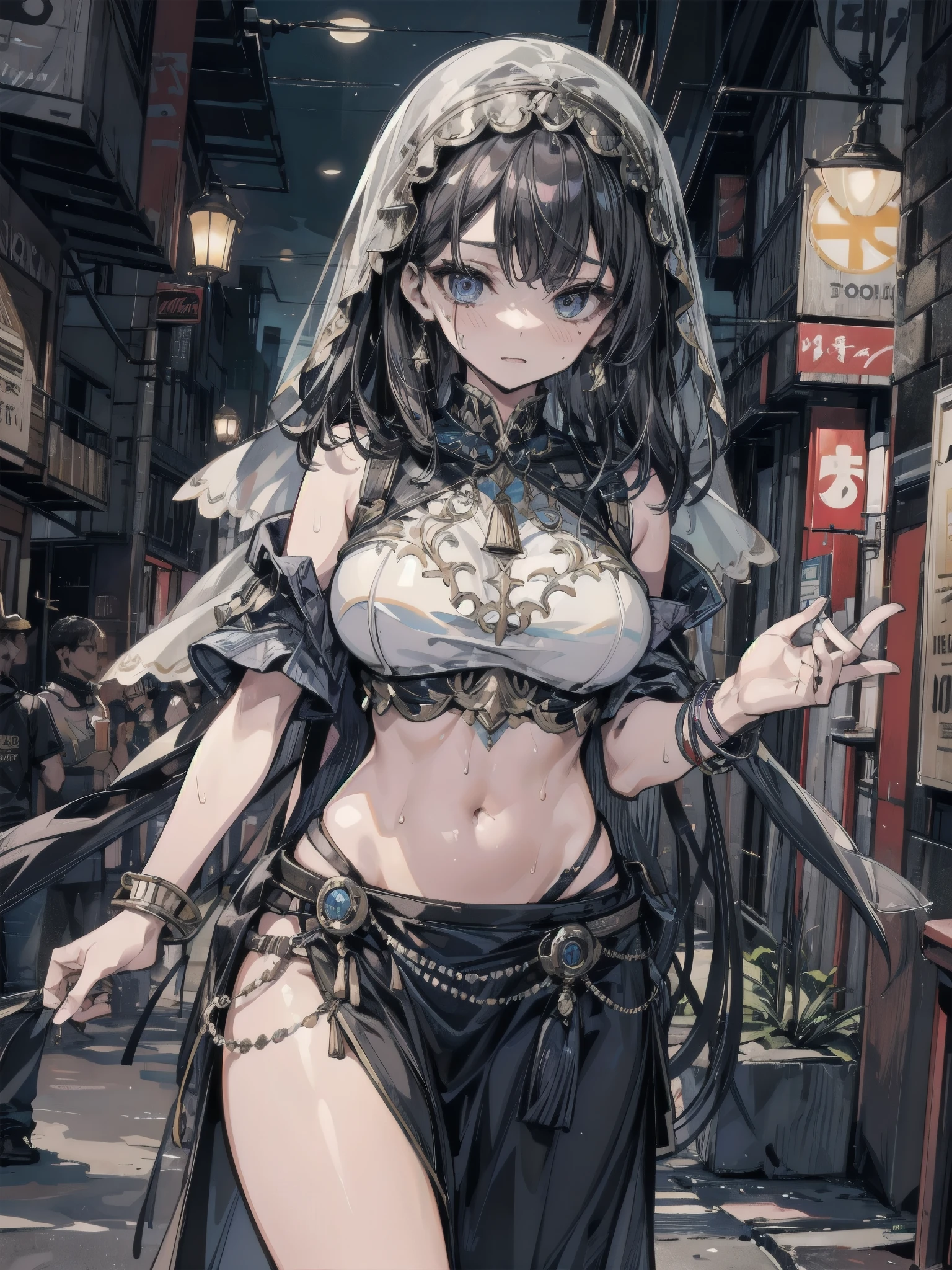 mio, hairband, black gloves, hair bow, hair ornament, hair ribbon, makeup, medium hair, black hair, anatomically correct, 1girl, power_lines, solo, outdoors, tree, standing, sky, looking_at_viewer, telephone_pole, blush, wing_collar, bare_tree, hand_up, sign, lamppost, fog, steaming body, outfit-origami, halo, veil, navel, elbow gloves, (best quality,8k,ultra-detailed,:1.2),commercial photography,nighttime,illuminations,vivid colors,award winning,high contrast,sharp focus,dramatic lighting,rim light,ambient fog:1.3, (shaded face:1.2), hollow eyes, golden eyes, looking at viewer, heavy breathing, smirk, upper teeth, glowing eyes,