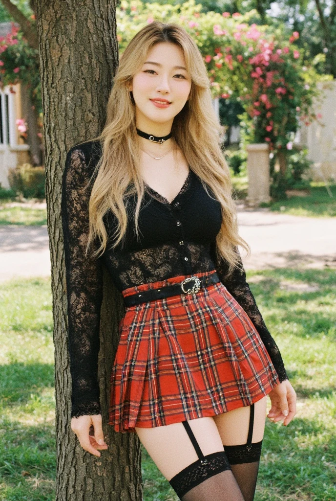 blond woman in a black top and red plaid skirt posing for a picture, thighhighs and skirt, plaid skirt, red and black, black and red, with a red skirt, sexy style, witchcore clothes, red, sexy outfit, black red white clothes, fishnets and a long tartan skirt, skirt, red and black tones, goth punk clothes