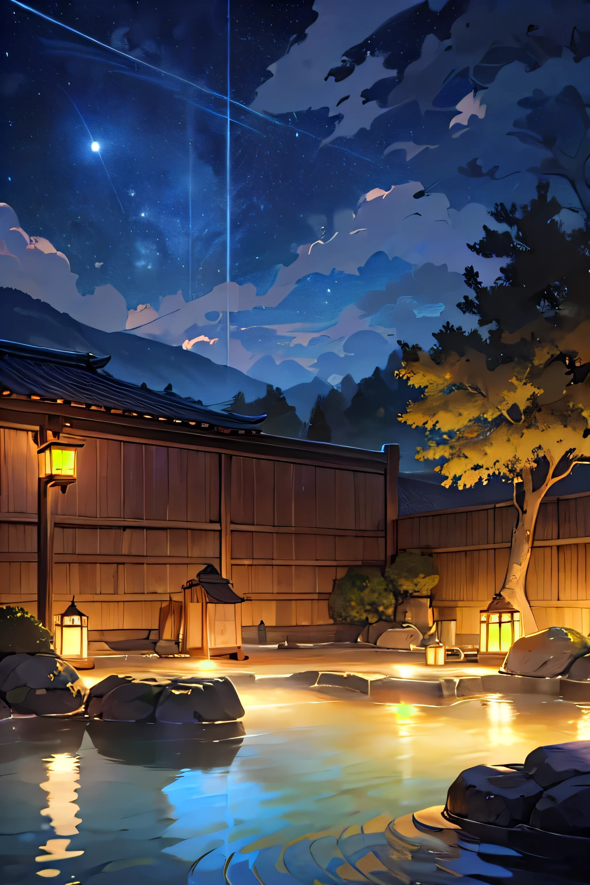 (masterpiece:1.2),best quality,blue archive background, no humans, tree, bucket, night, sky, scenery, onsen, star (sky), outdoors, night sky, lantern, starry sky, water, wooden bucket, fence, steam, cloud, towel, rock, 