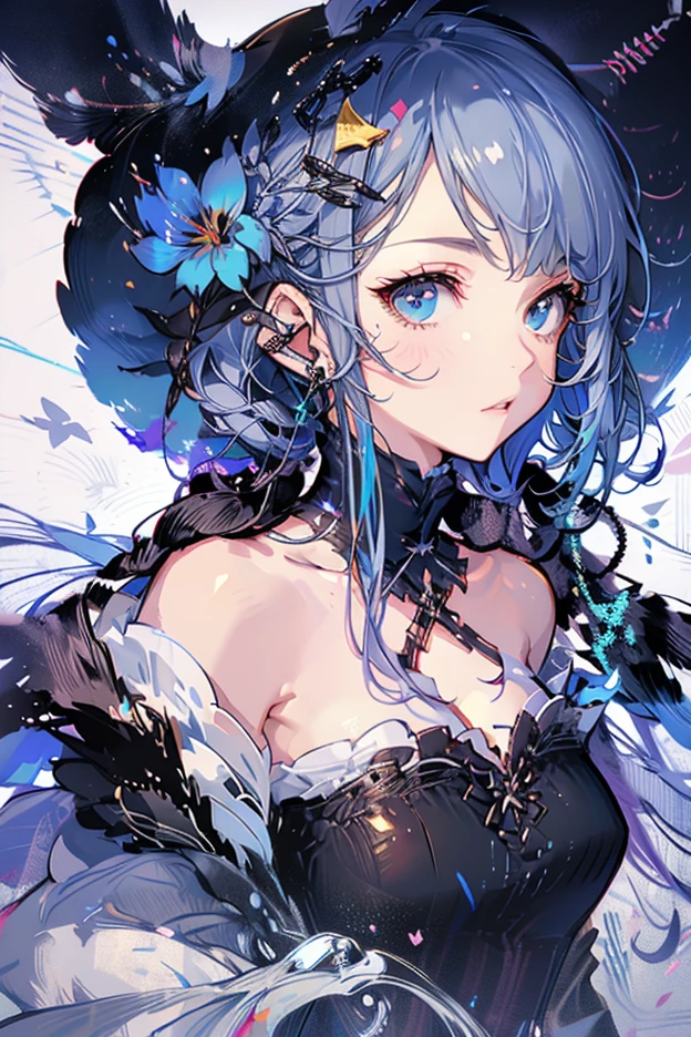 (masterpiece: 1.2, Highest quality), (Actual Photos, Intricate details), 1. woman, alone, Upper Body, casual, Shoulder-length hair, Minimal makeup, Natural materials, Face close-up, smile, Home, Long white hair、blue eyes, Shoulder Bare、Smiling with teeth showing、((Navy blue lace dress))、((blue eyes))、Keep the image of your face、((Butt-bang))