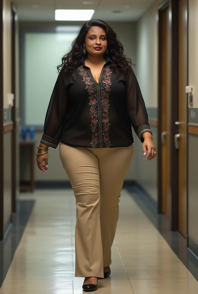 Office scene, A radiant, full-figured South Indian 35 year old aunty a gray chiffon skirt and shirt, captured in a full-body image with vibrant hues and meticulous details. Full body image