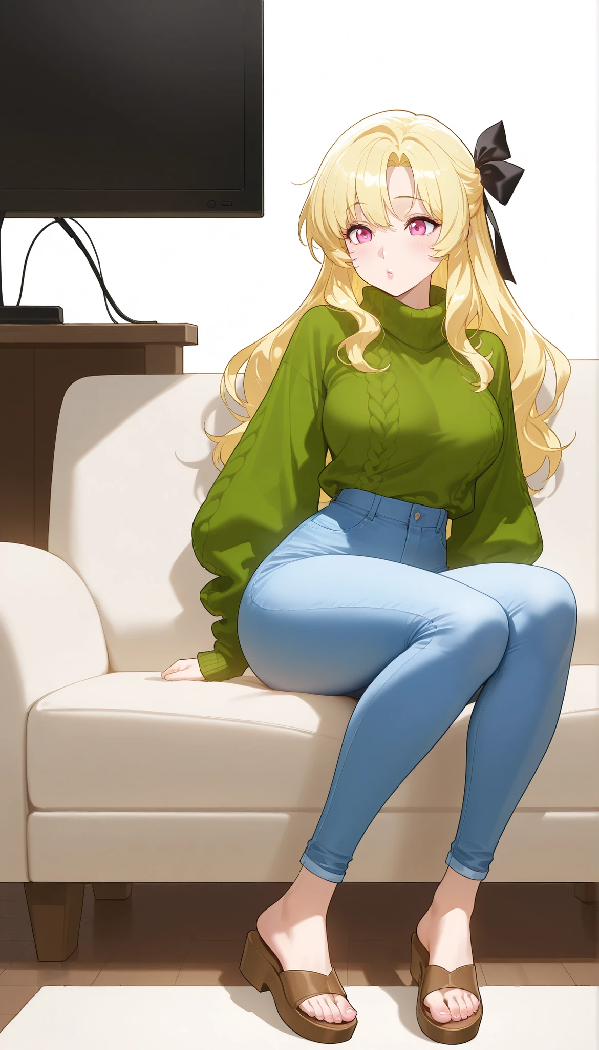 A mature beautiful woman with blond hair, extremely fair white natural skin, big pink eyes, red plump glossy lips, a small waist, and a perfect slim yet curvy body. She's only wearing a baggy light-green woolen sweater, long tight blue jeans, one hair ribbon on the side, and brown sandals. She's sitting on the couch, relaxed plain expression, watching TV, and is in a big wooden living room. Show her full body and super hyper-detailed.