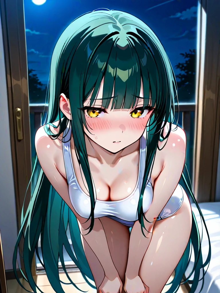 (ecstasy style), (pov), (solo:2, 15 yo), (beautiful ponytail) (glossy beautiful green hair long hair) (beautiful cute girl), (glossy lip, love smile), (((makeup red color eye shadow))) (best cute yellow eyes), (medium:1.2 tits), naked ape, Get in bed, lie down on Queen size bed, break, in the night, in the Gorgeous Bedroom, background beautiful night sky, BREAK, perfect anatomy, masterpiece, best quality, 16k, beautiful detailed Dim, daydreaming expression.