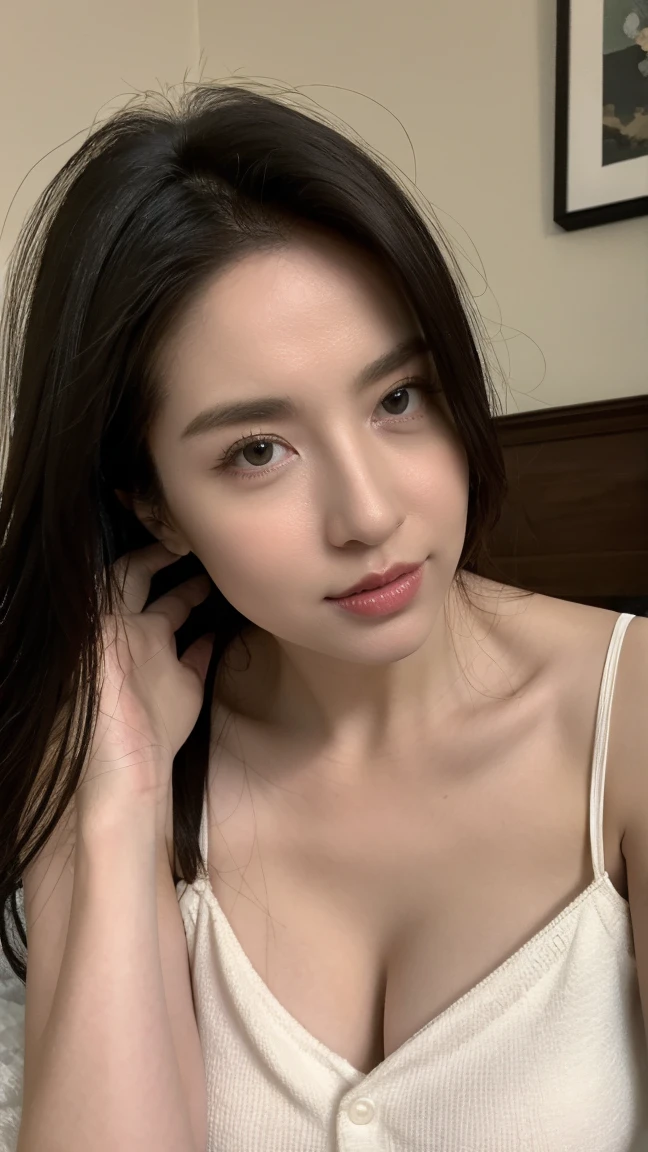 Young pretty woman taking selfie, Taken with old iPhone camera、brown Hair、reality、in real life、photograph、Highest quality、can't tell the difference from reality, a selfie for Instagram profile, Skin that is not too perfect, ultra super realistic, 2 million pixels, not too perfect, Not an AI-generated image, fine quality, 32K, highest quality, grey eyes, natural image, 8K, raw image, she is sleeping, shadow is natural, shadow is realistic, at home, There's a shadow on her face.